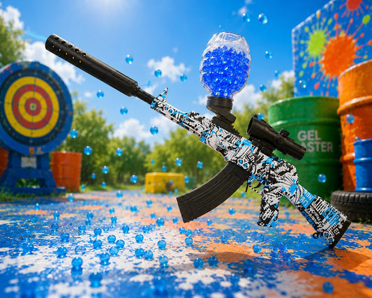 Blastero AK Surge — blue graffiti AK gel blaster, suppressor and hopper, arena scene